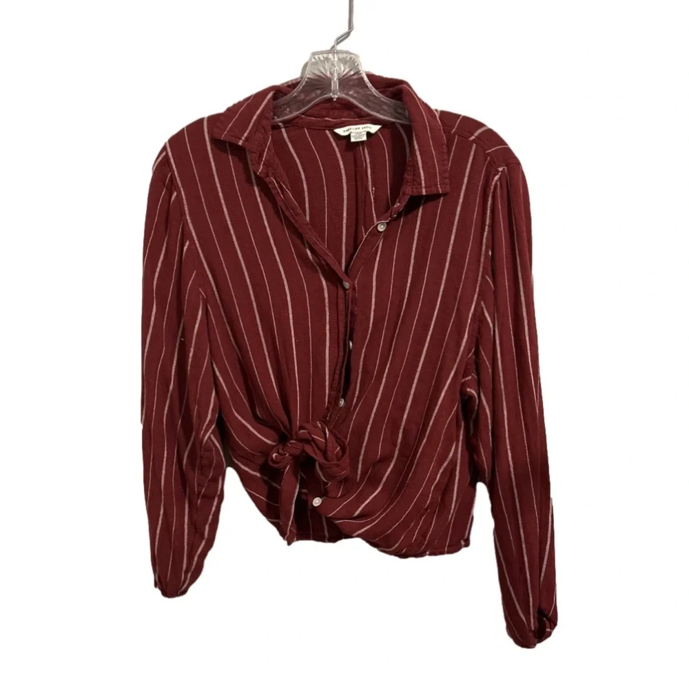 American Eagle Red Striped Tie Front Blouse - Picture 2 of 5